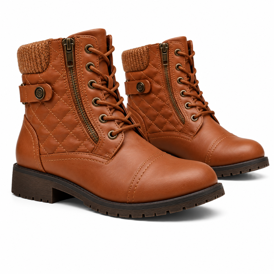 Bottines femme marron de trois quarts, tige matelassée à losanges et bout surpiqué