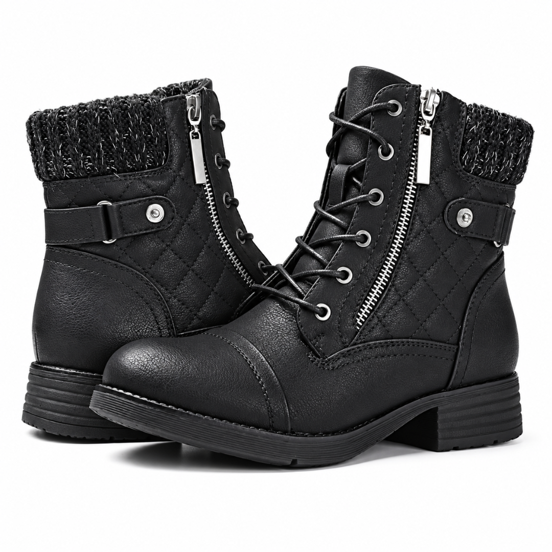 Bottines femme noires à lacets, zip argenté et semelle crantée à petit talon