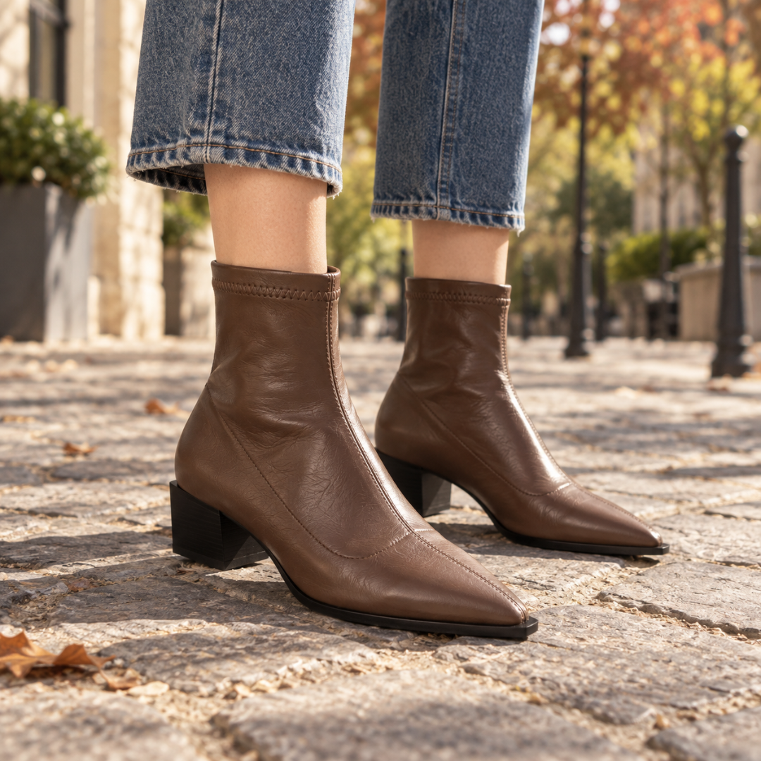 Bottines femme marron à bout pointu et talon carré, portées avec un pantalon droit