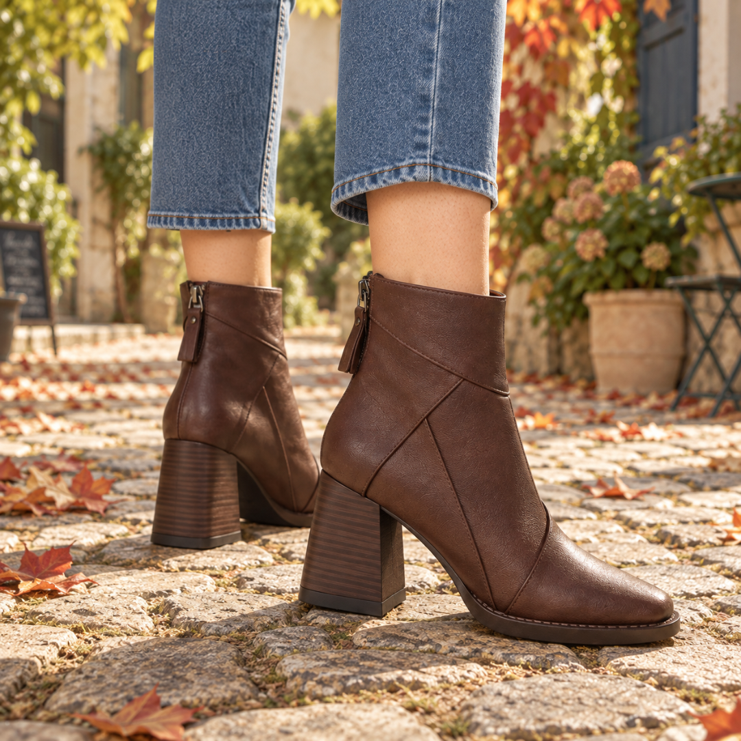 Bottines femme marron vues de trois quarts, découpes surpiquées et talon bloc apparent