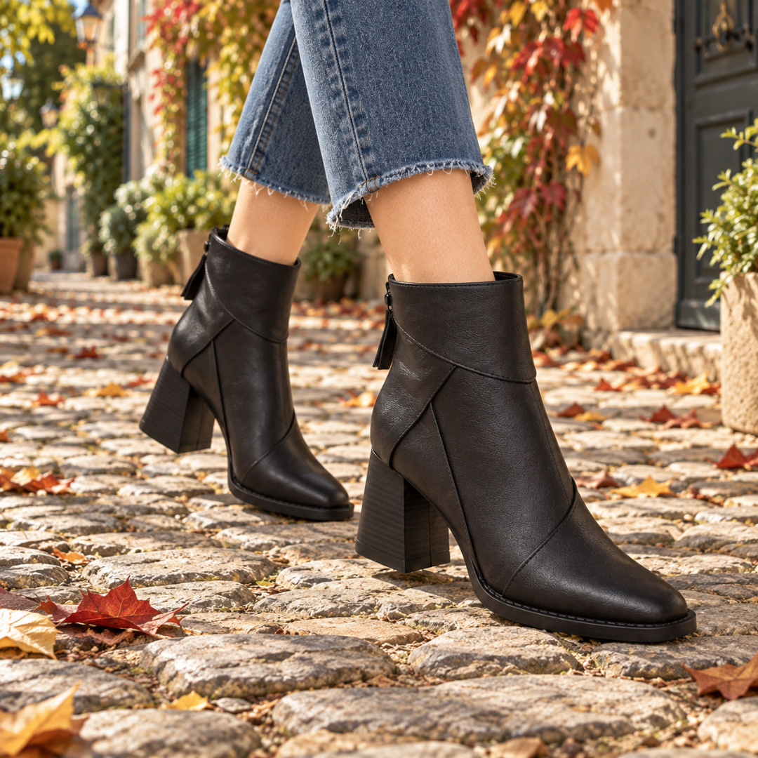 Bottines noires en mouvement sur pavés, bout carré et talon bloc bien visibles