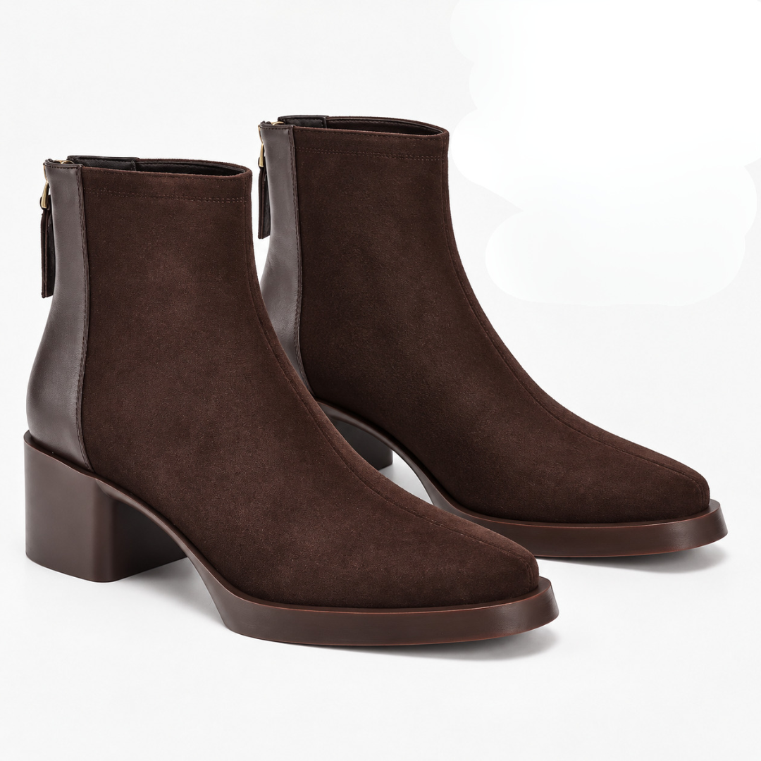 Paire de bottines femme marron de trois quarts, talon bloc et tige courte