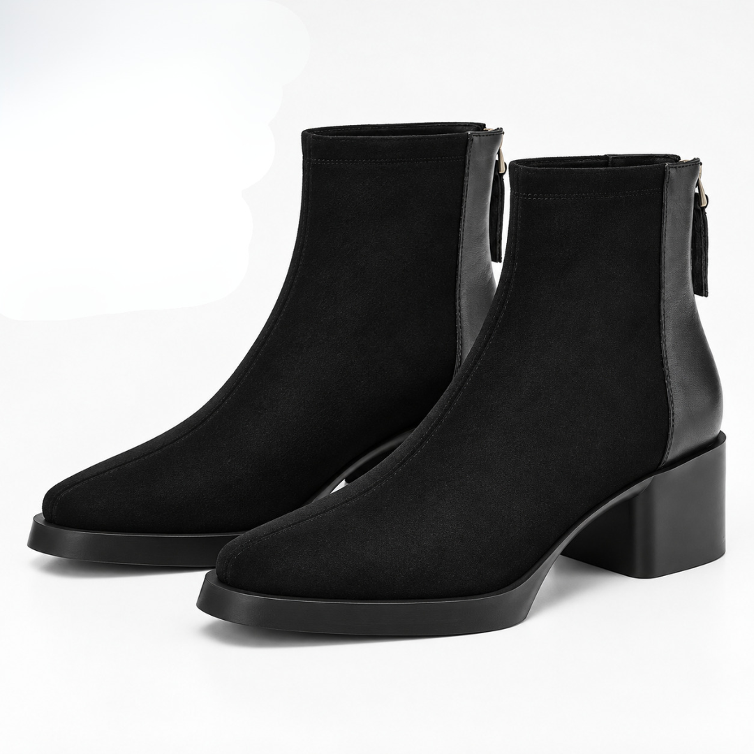 Bottines noires de trois quarts avec talon bloc et empiècement latéral lisse