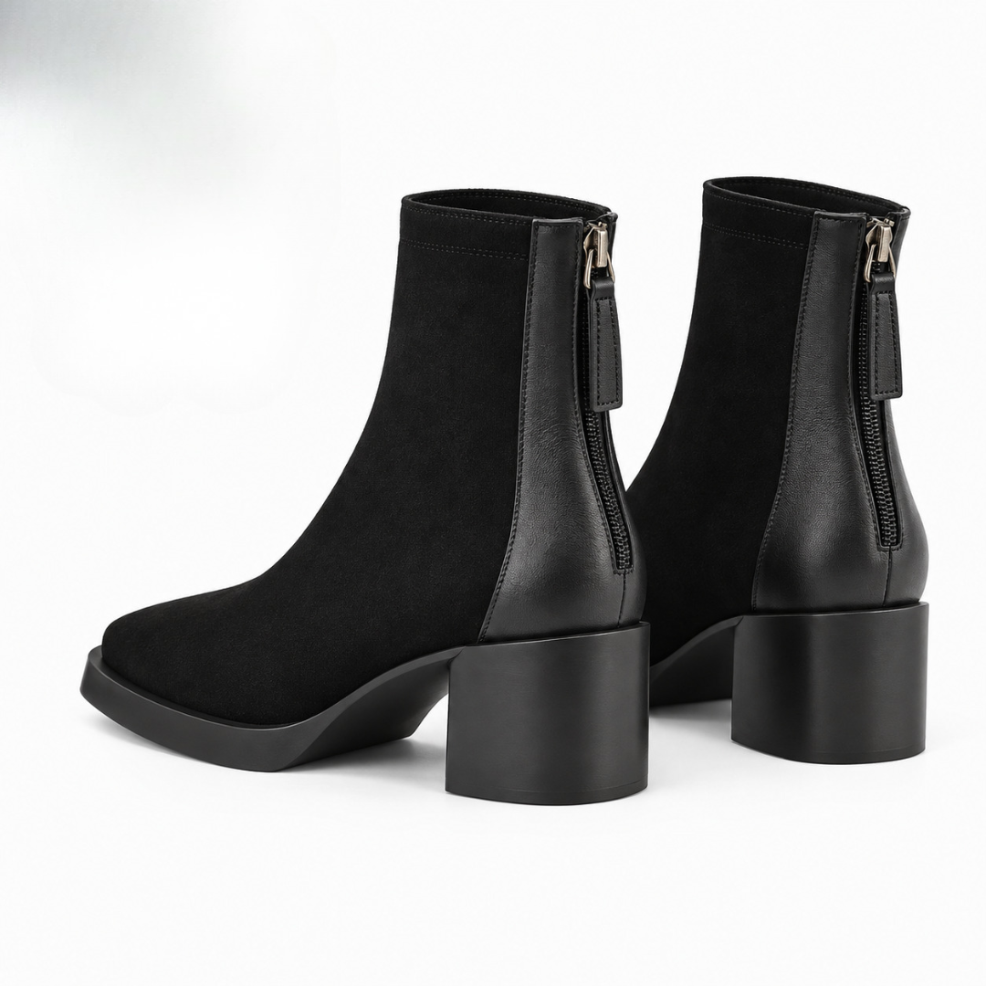Bottines femme noires vues de dos, fermeture à glissière et talon bloc