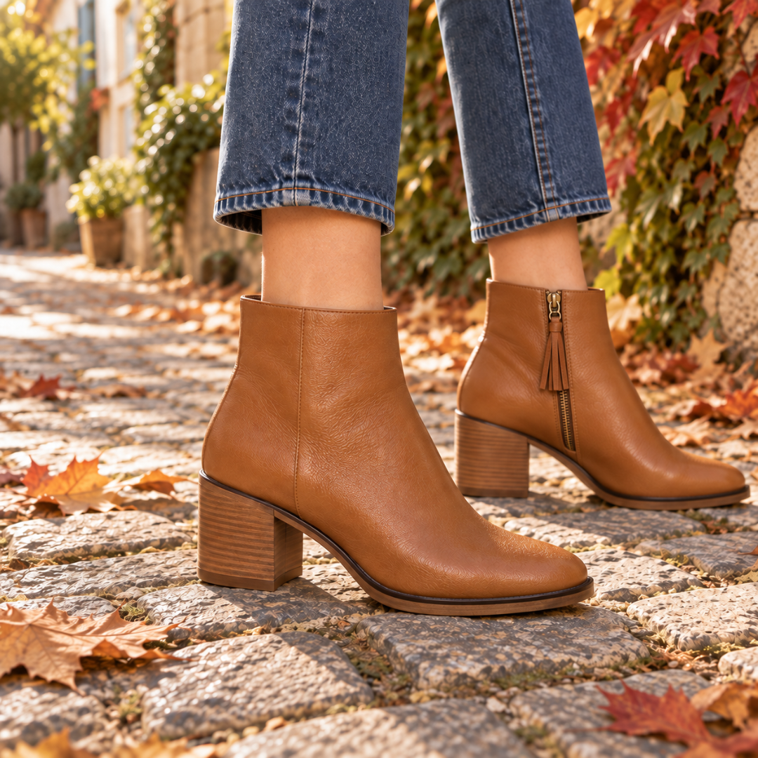 Bottines marron avec zip latéral doré et pampille, vue de profil en extérieur