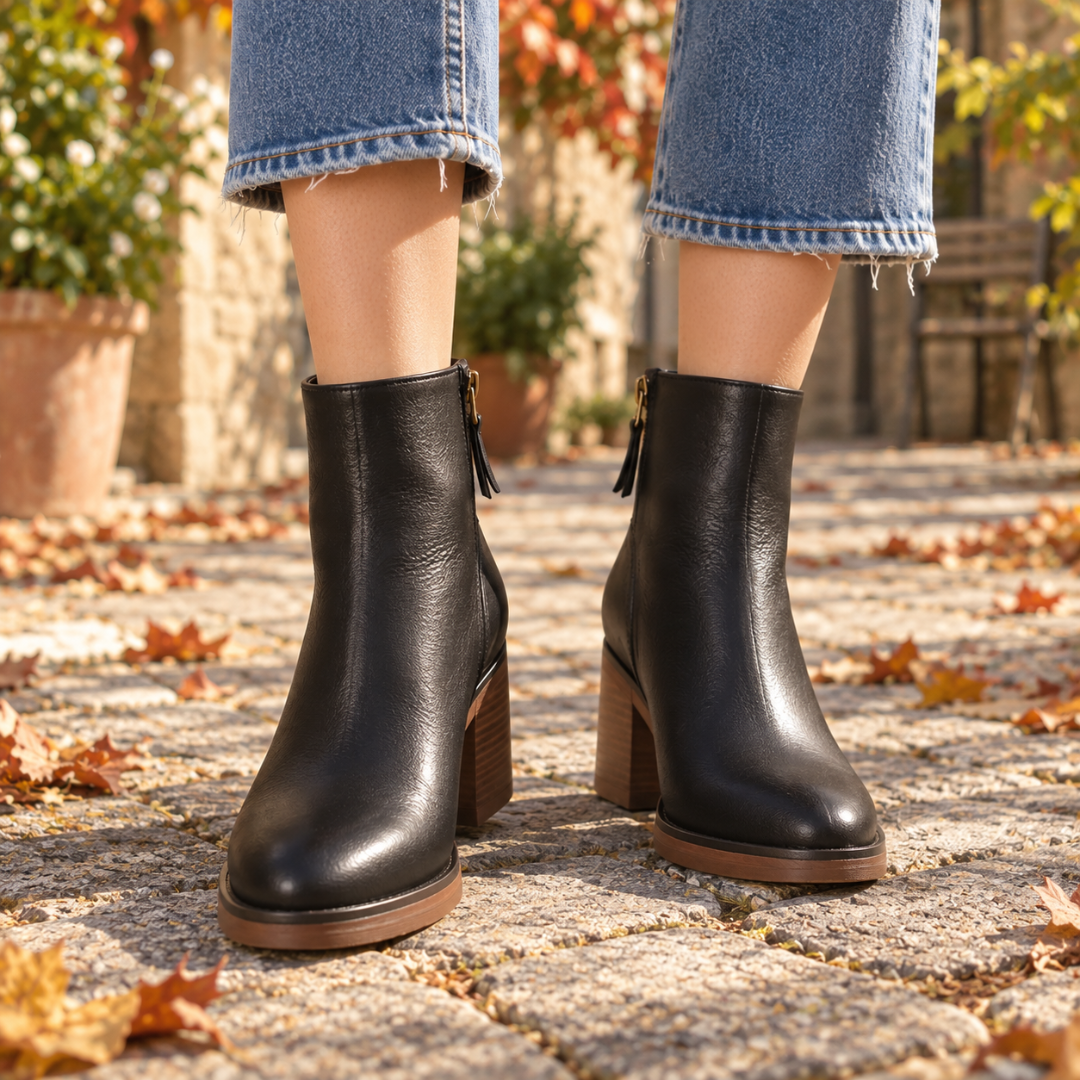 Bottines noires à talon bloc et zip latéral, vue de face avec pantalon bleu