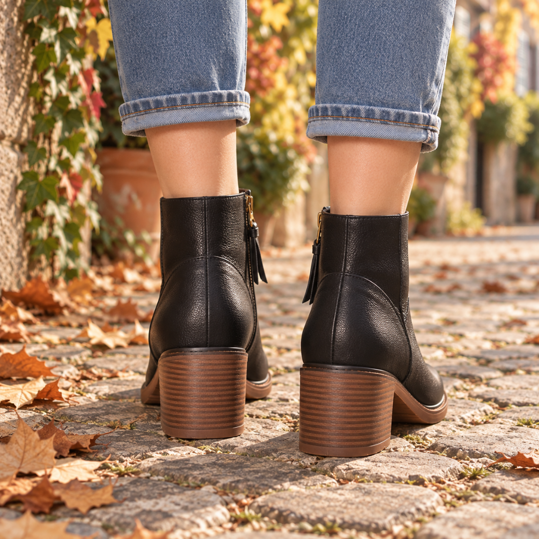 Bottines noires vues de dos, talons blocs striés ton bois sur pavés