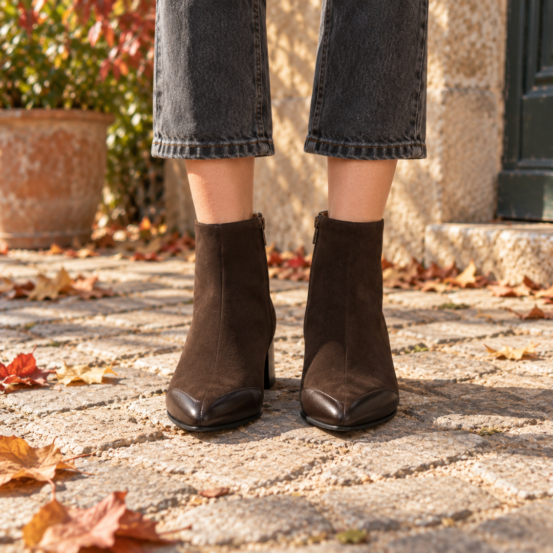 Bottines marron vues de face avec fermeture éclair latérale et empiècement lisse