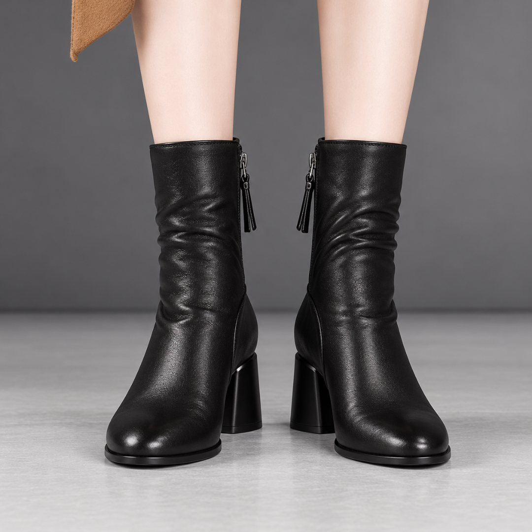 Bottines femme noires mi-mollet vues de face avec zip et pompon latéral