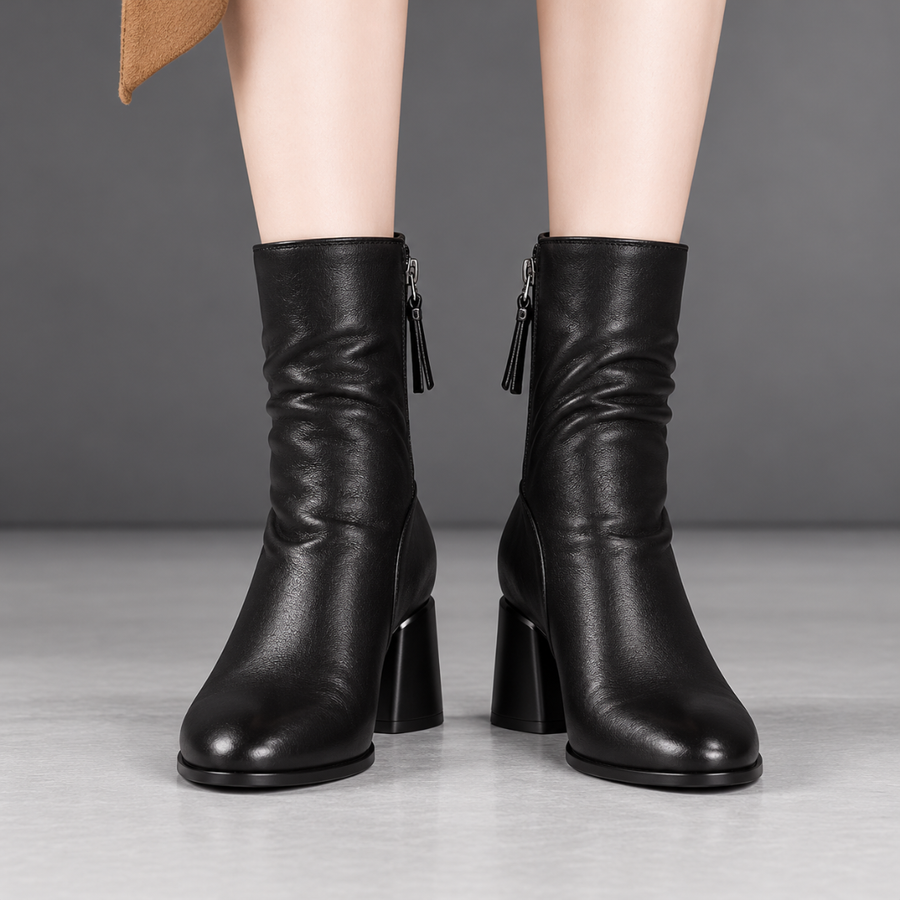 Bottines femme noires mi-mollet vues de face avec zip et pompon latéral