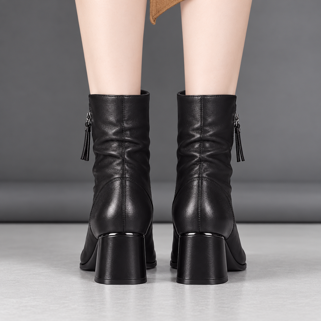 Vue arrière des bottines noires montrant le talon carré et les tirettes à pompon