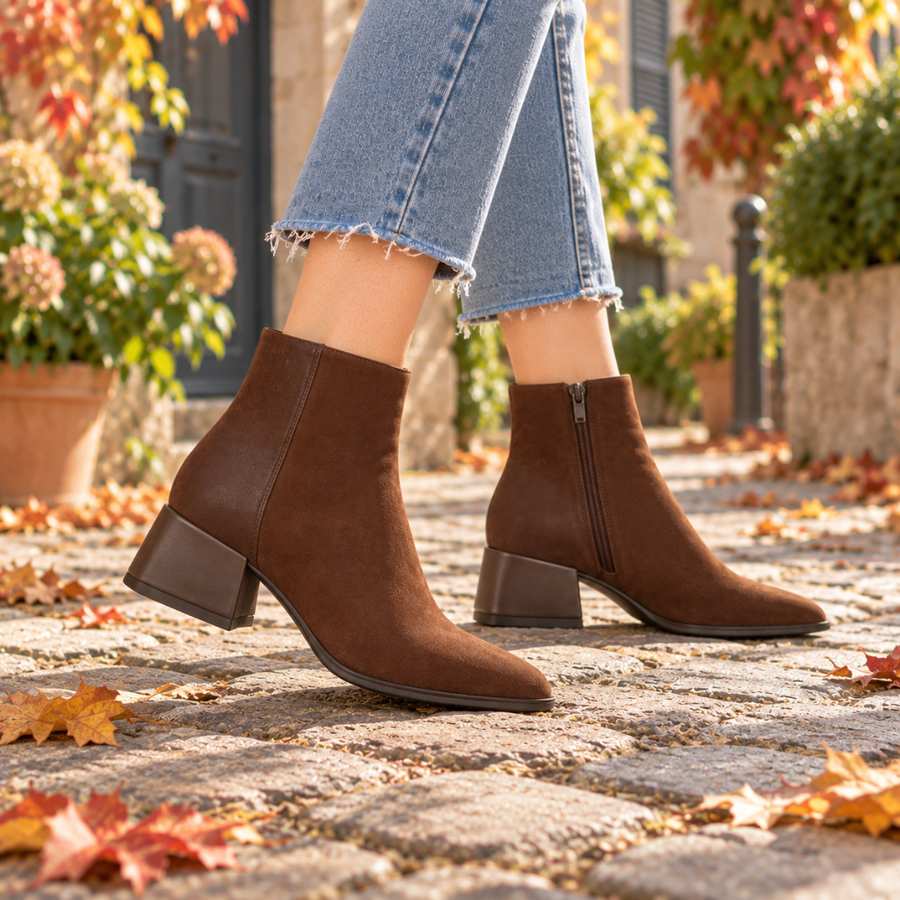 Bottines femme marron portées avec un pantalon court, talon carré et bout effilé