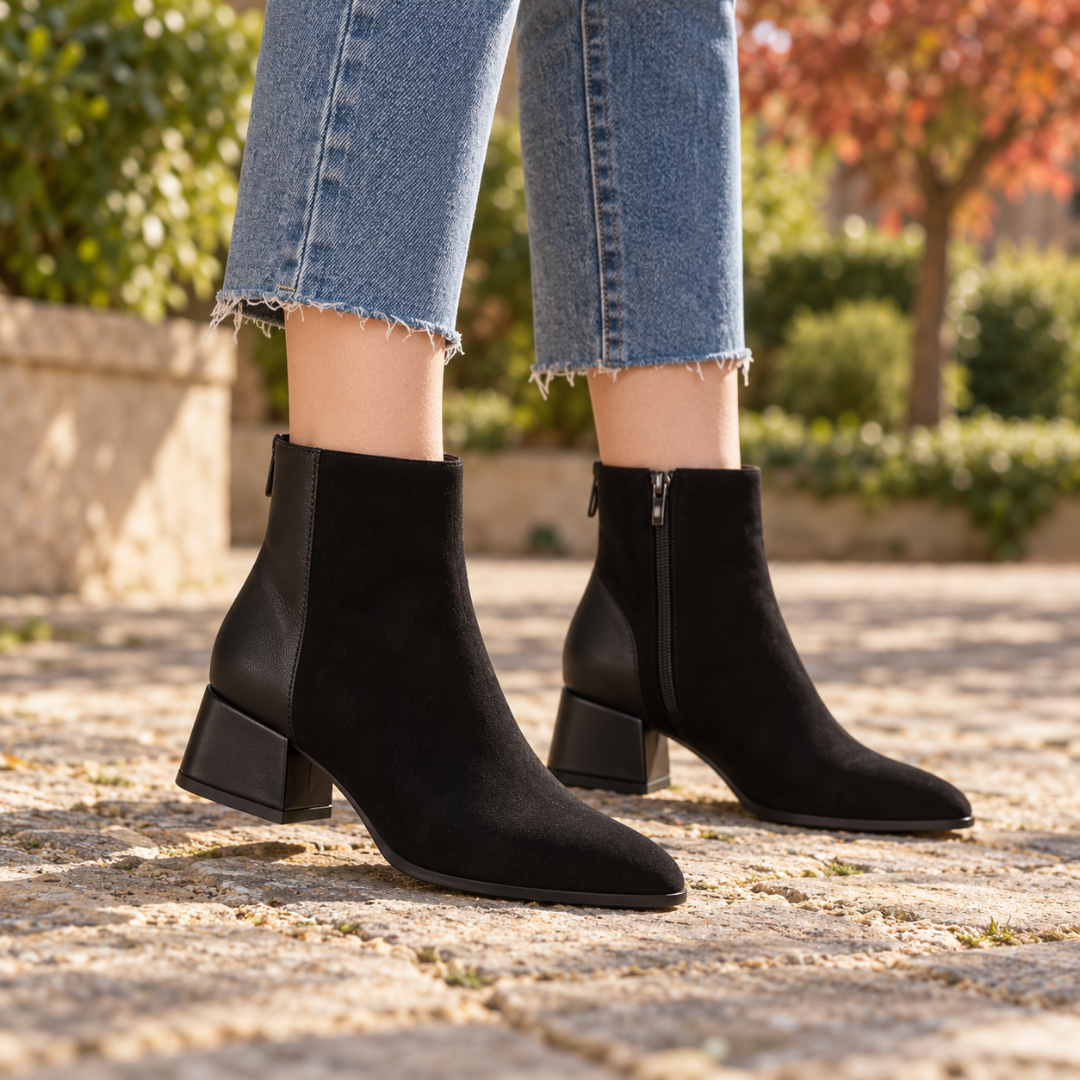 Bottines noires à effet daim avec fermeture à glissière latérale et talon carré