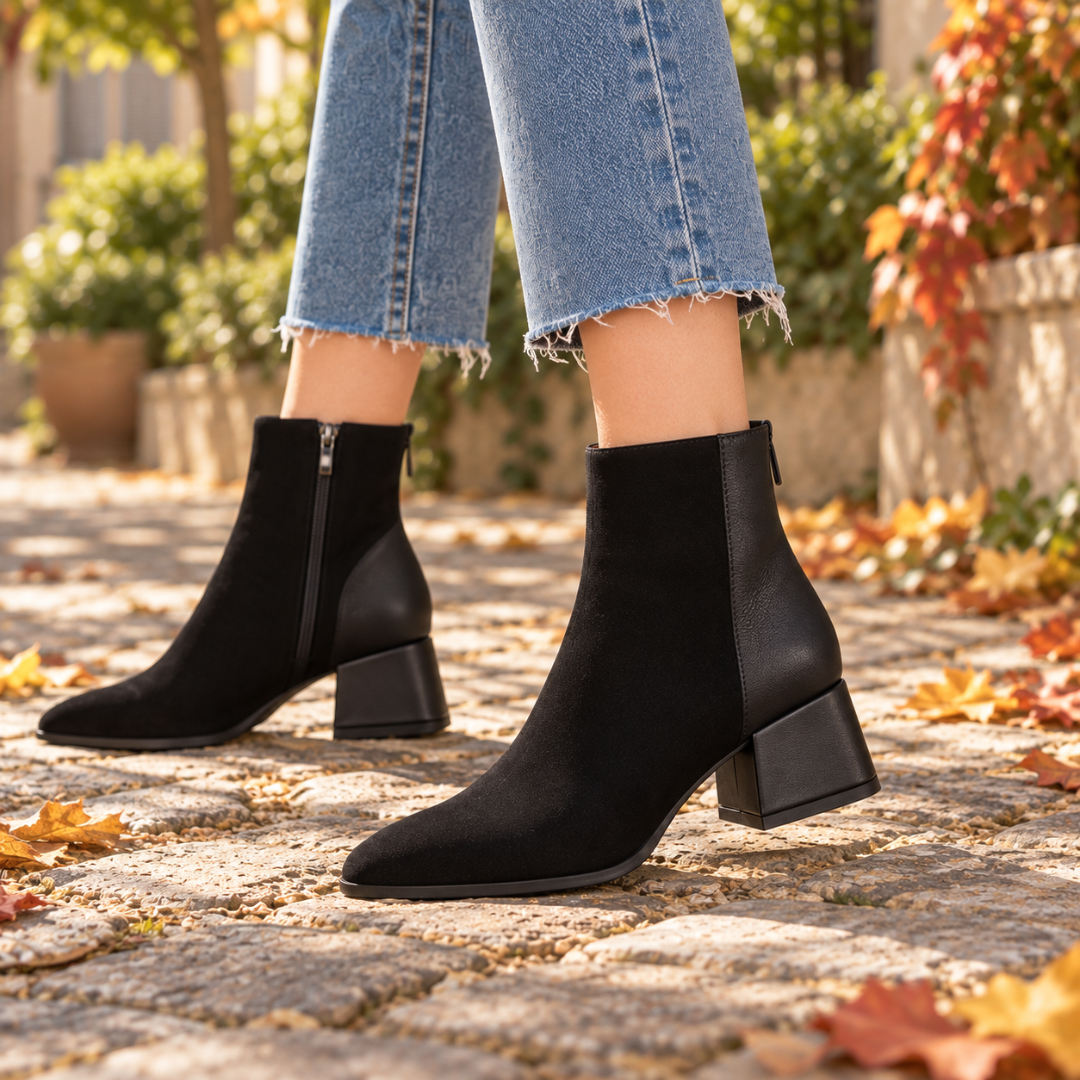 Bottines noires de face montrant l'empiècement lisse contrastant sur la tige