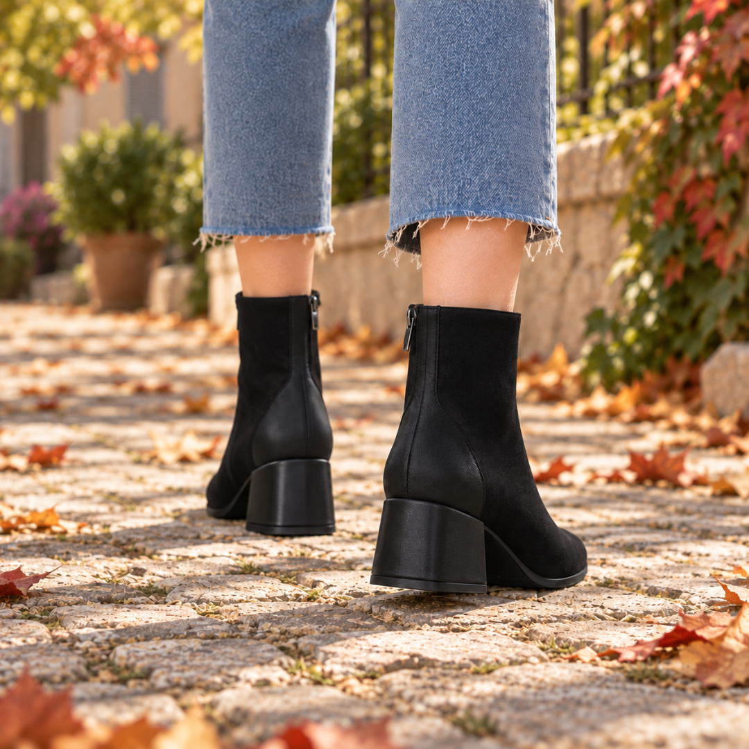 Bottines noires vues de dos, talon carré et fermeture zippée bien visible