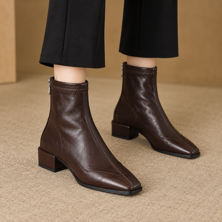 Bottines marron à talon carré portées avec un pantalon noir, vue de trois quarts