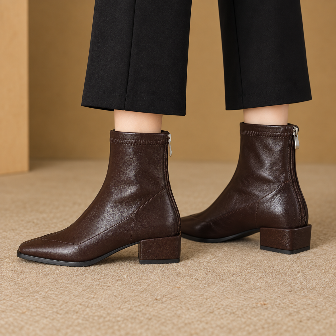 Bottines femme marron avec zip arrière apparent et talon carré bas, vue de côté