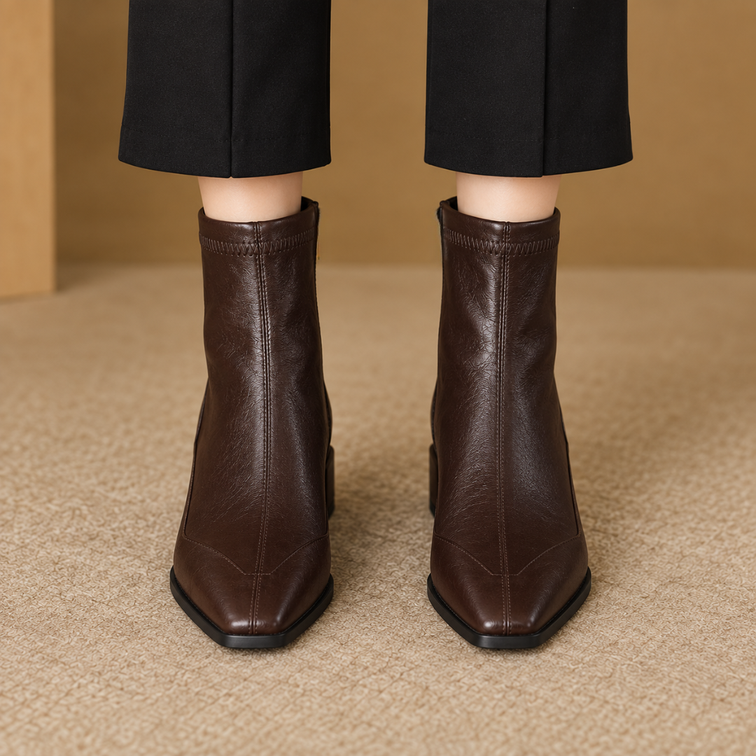 Bottines marron vues de face avec surpiqûres centrales et fine semelle sombre