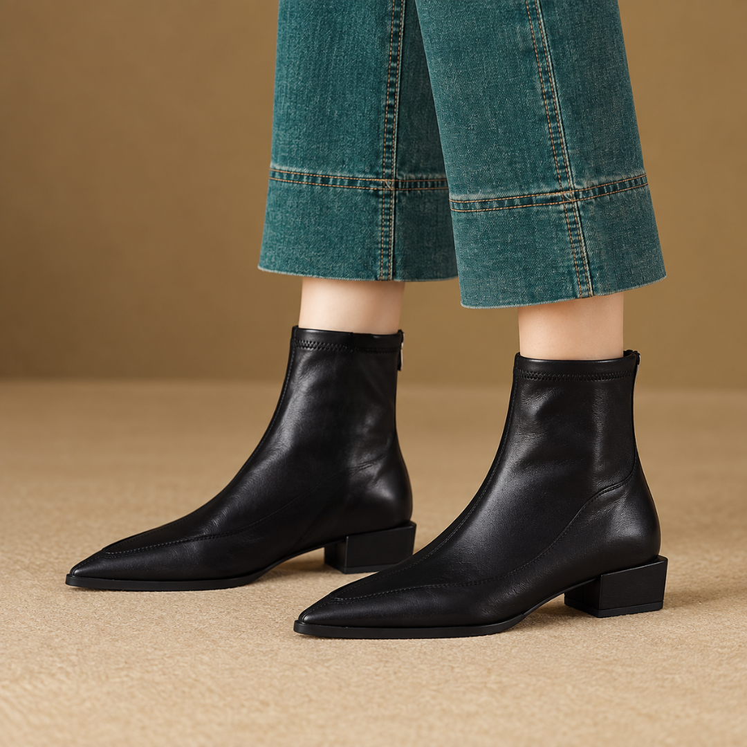 Bottines femme noires à bout effilé et talon carré bas, vue rapprochée de côté
