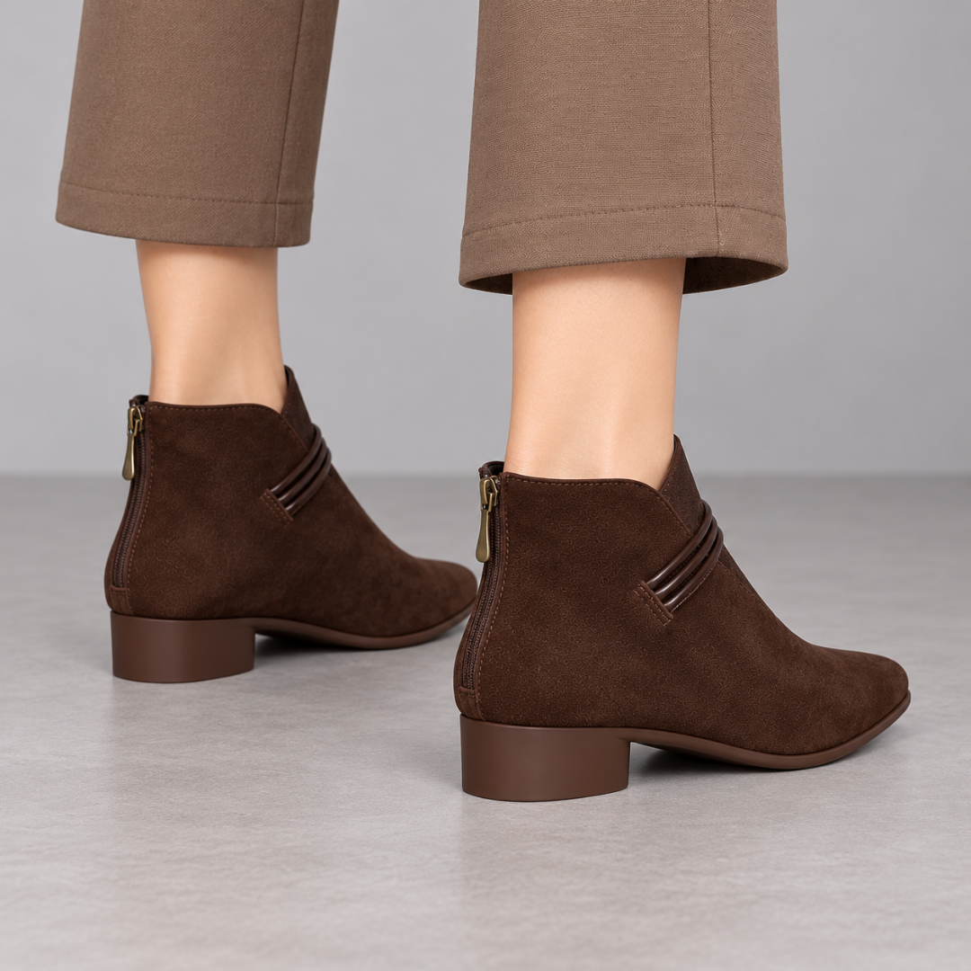 Vue arrière des bottines marron montrant la fermeture à glissière dorée