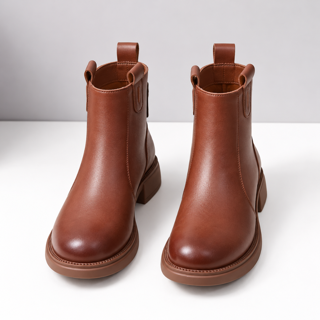Bottines femme marron vues de face, bout rond et languettes de tirage apparentes
