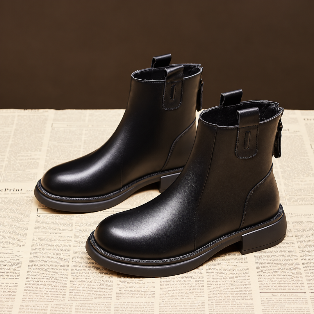 Bottines noires de trois quarts, zip arrière visible et semelle épaisse