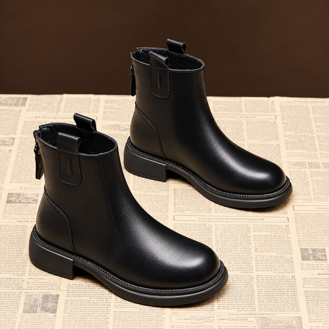 Paire de bottines noires posée, bout rond et petit talon carré