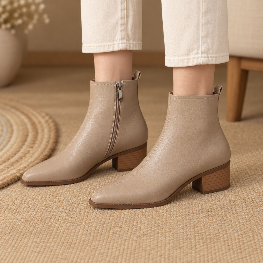 Paire de bottines beiges à bout légèrement carré et talon bloc contrasté