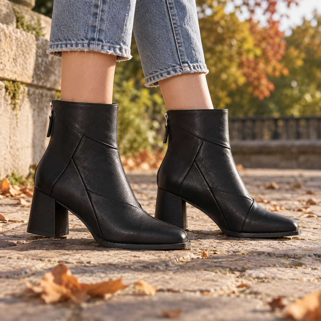 Bottines femme noires à bout carré et zip arrière portées avec un pantalon clair