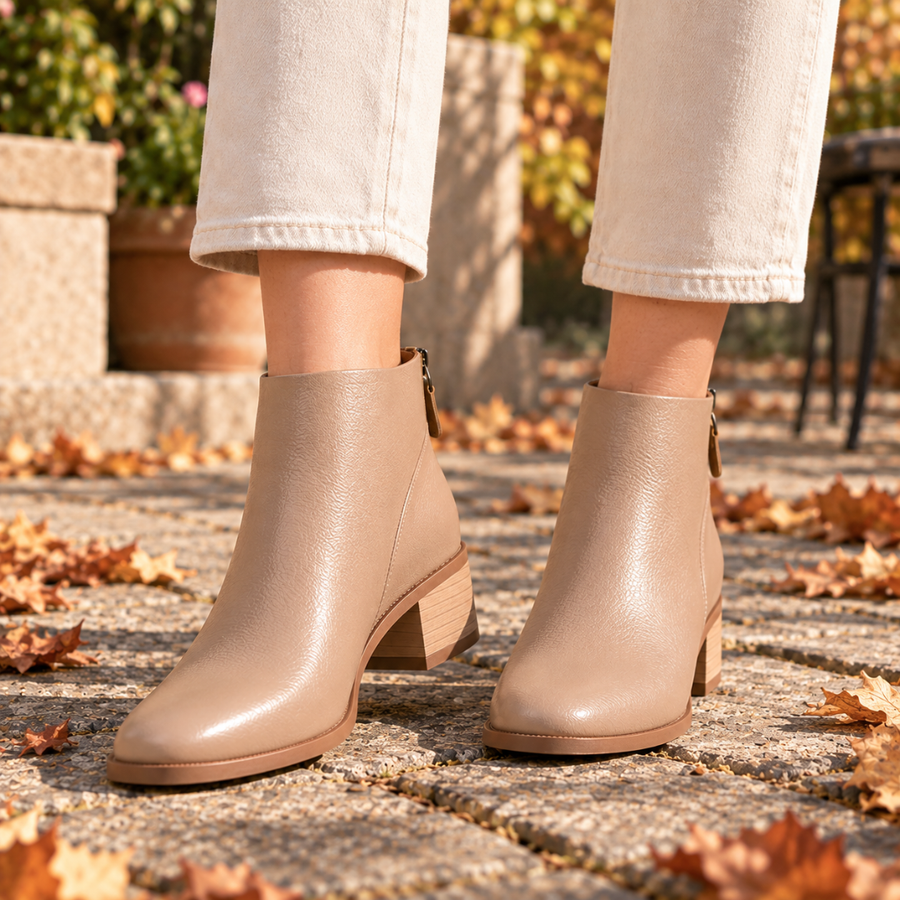 Paire de bottines café vue de face, bout arrondi et talon bloc