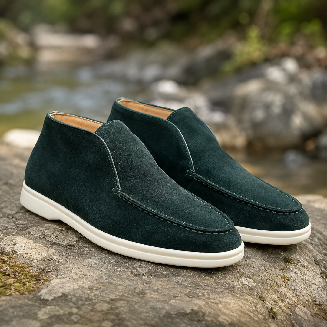 Bottines vert foncé à enfiler, couture mocassin sur le dessus du pied