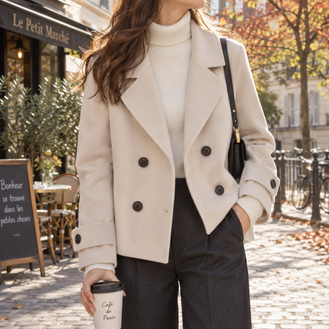 Caban femme court abricot à col tailleur, double boutonnage et poches passepoilées