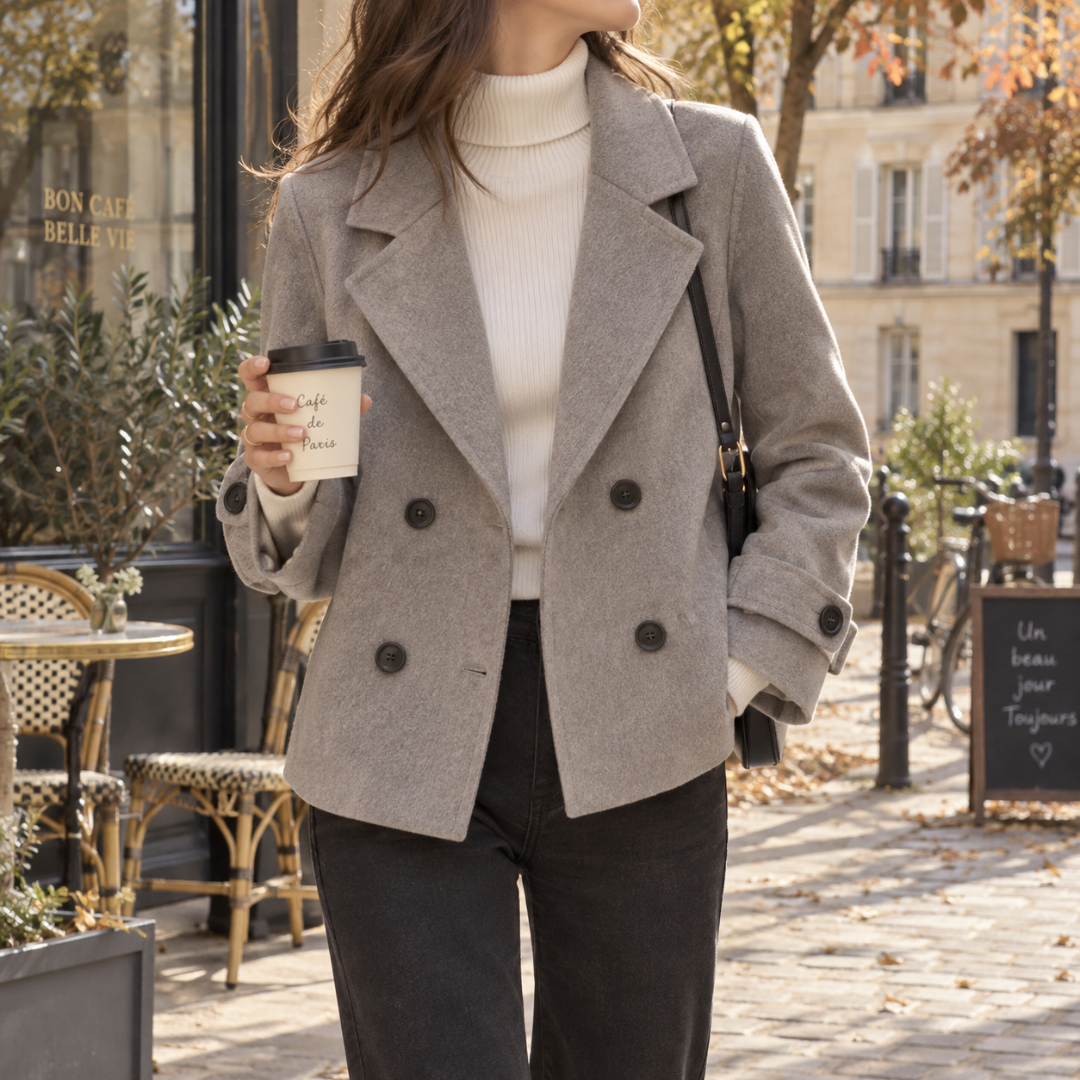 Caban femme court gris chiné avec double boutonnage et patte boutonnée au poignet