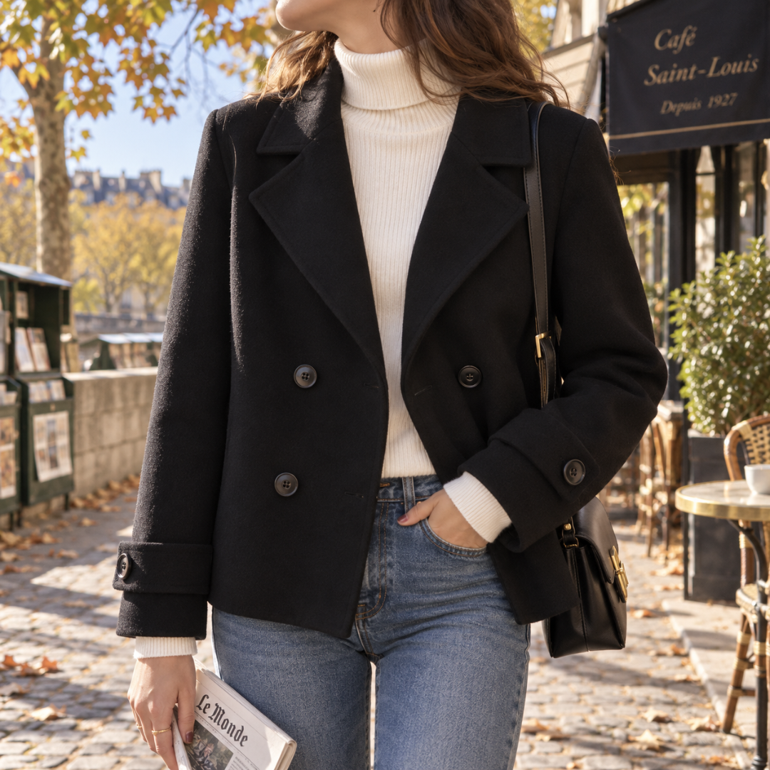 Caban femme court noir à col tailleur cranté et double rangée de boutons