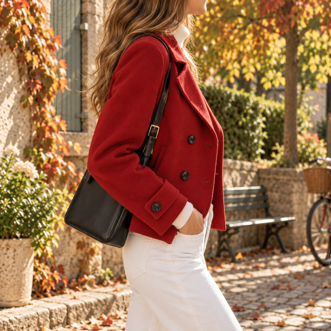 Profil du caban rouge femme montrant la patte boutonnée du poignet et la coupe courte