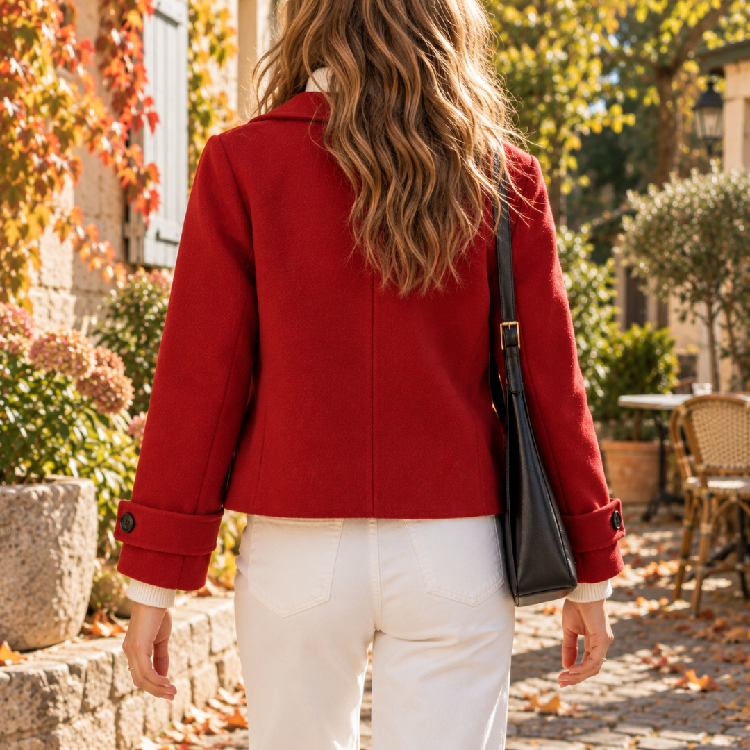 Dos du caban femme rouge avec couture centrale et pattes boutonnées aux poignets