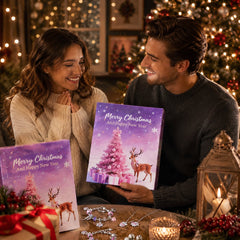 Couple offrant le calendrier de l'Avent de bijoux devant un sapin illuminé