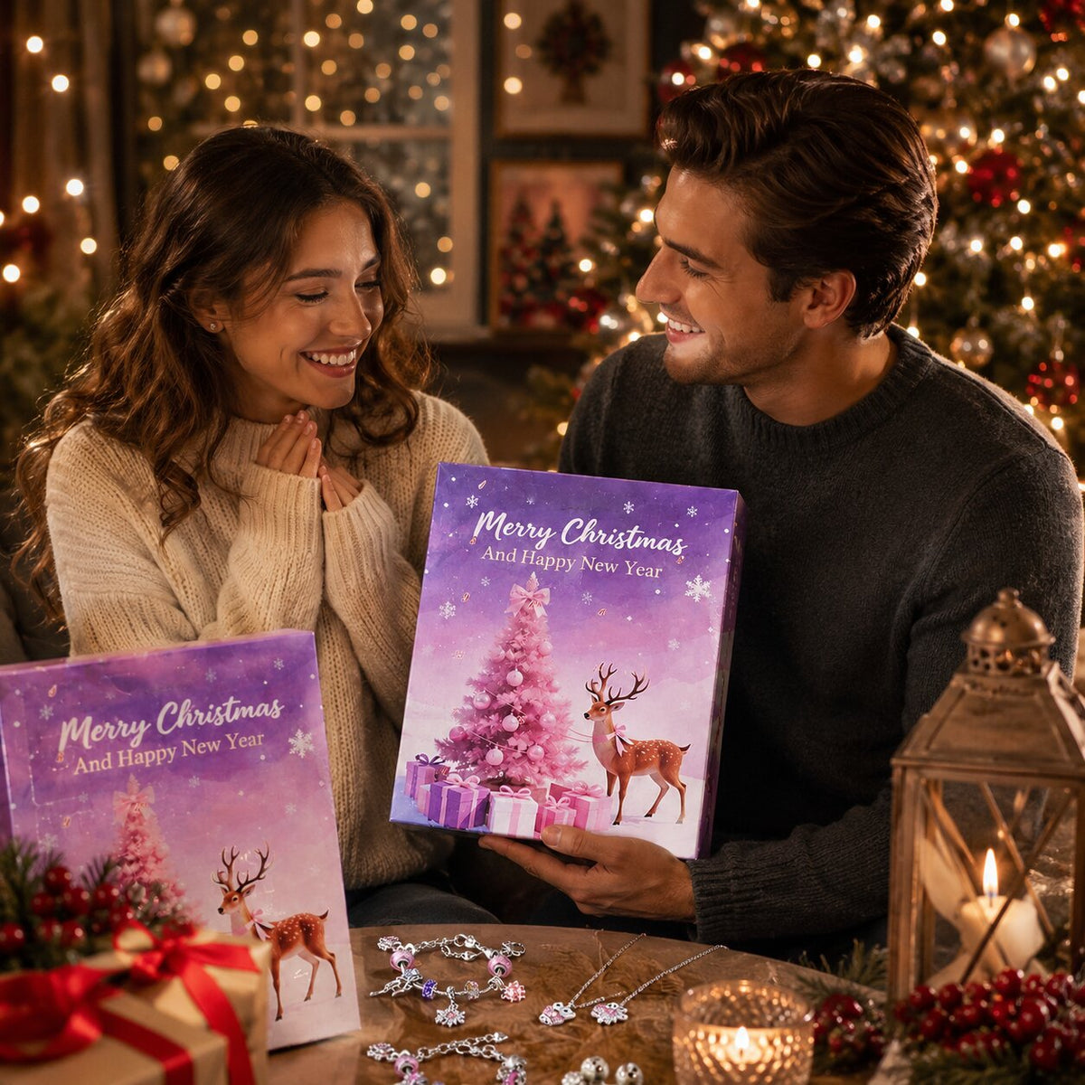 Couple offrant le calendrier de l'Avent de bijoux devant un sapin illuminé
