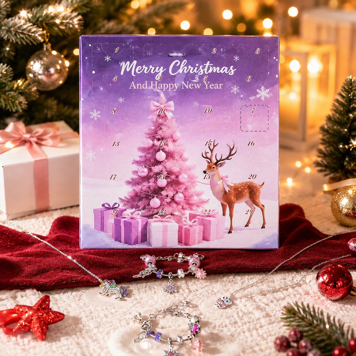 Boîte du calendrier de l'Avent au sapin rose avec bracelets et colliers devant