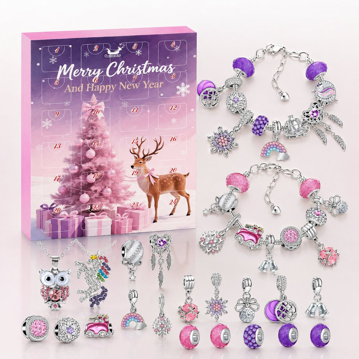 Vue d'ensemble du calendrier avec deux bracelets, colliers, perles et breloques variées