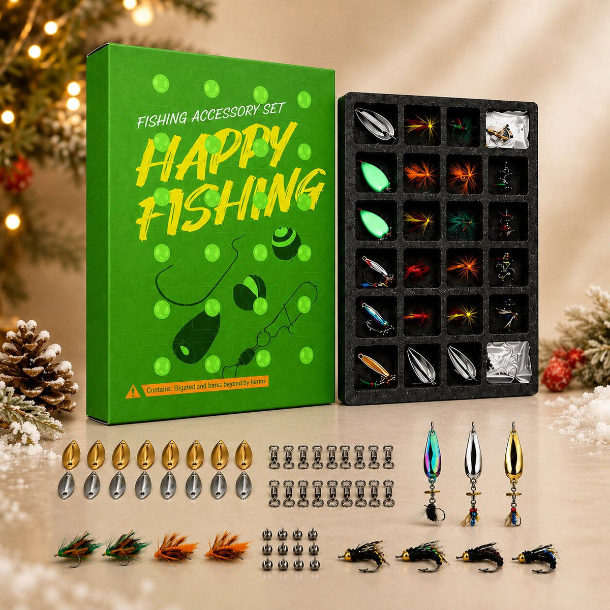 Calendrier de l'Avent pêcheurs avec boîte verte, plateau noir et motifs de leurres