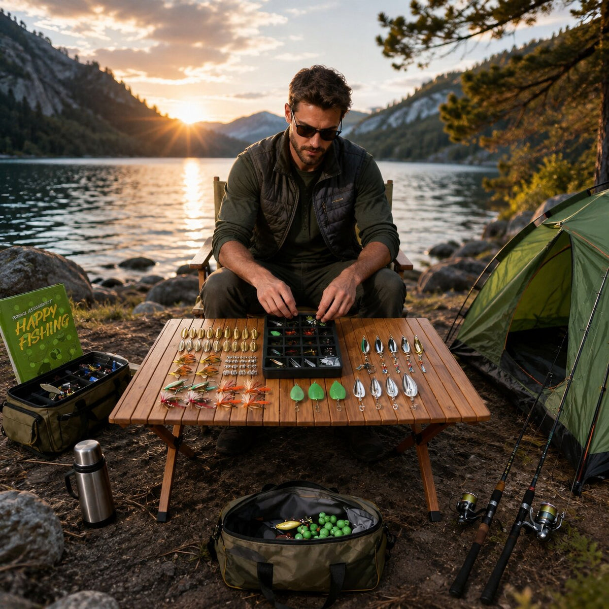 Homme découvrant le calendrier de l'Avent pêche sur une table au bord d'un lac