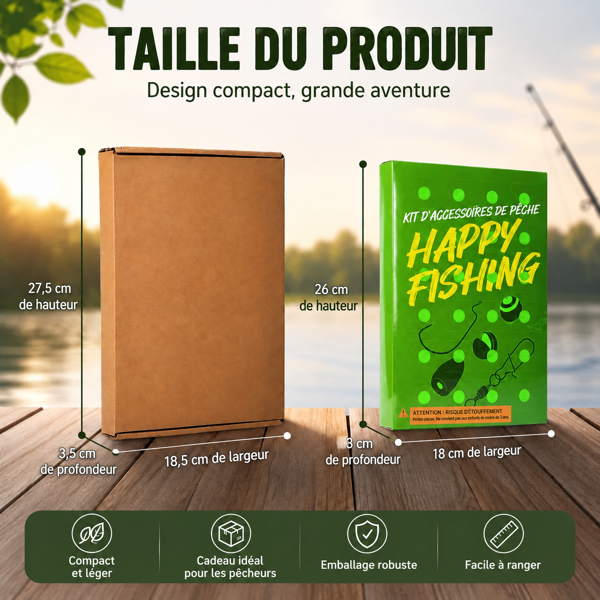 Dimensions du calendrier de l'Avent pêche : coffret vert et emballage carton brun