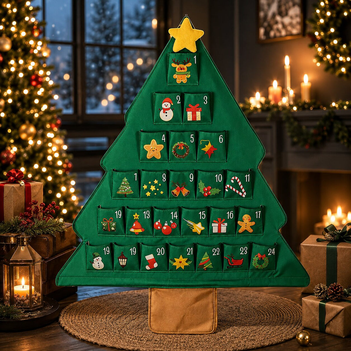 Calendrier de l'Avent sapin vert à étoile jaune posé dans un salon décoré de Noël