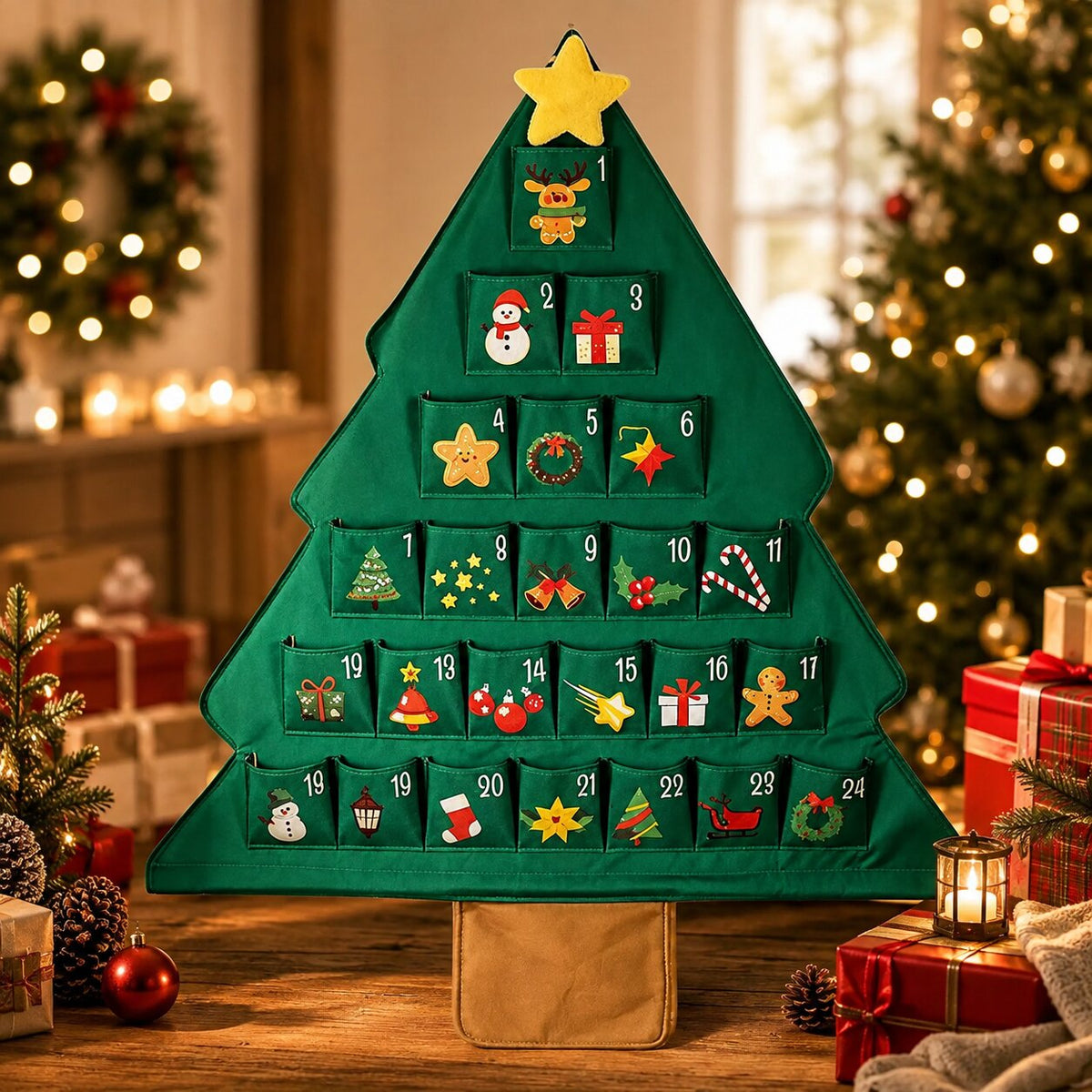 Calendrier de l'Avent sapin vert à étoile jaune avec motifs de Noël sur chaque compartiment
