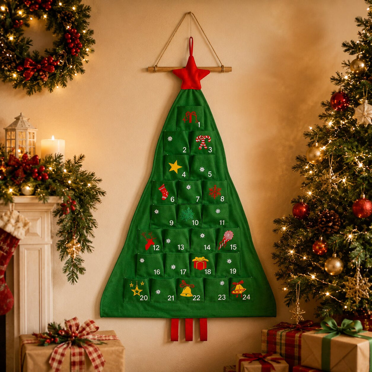Calendrier de l'Avent sapin vert à étoile rouge suspendu à une tringle en bois
