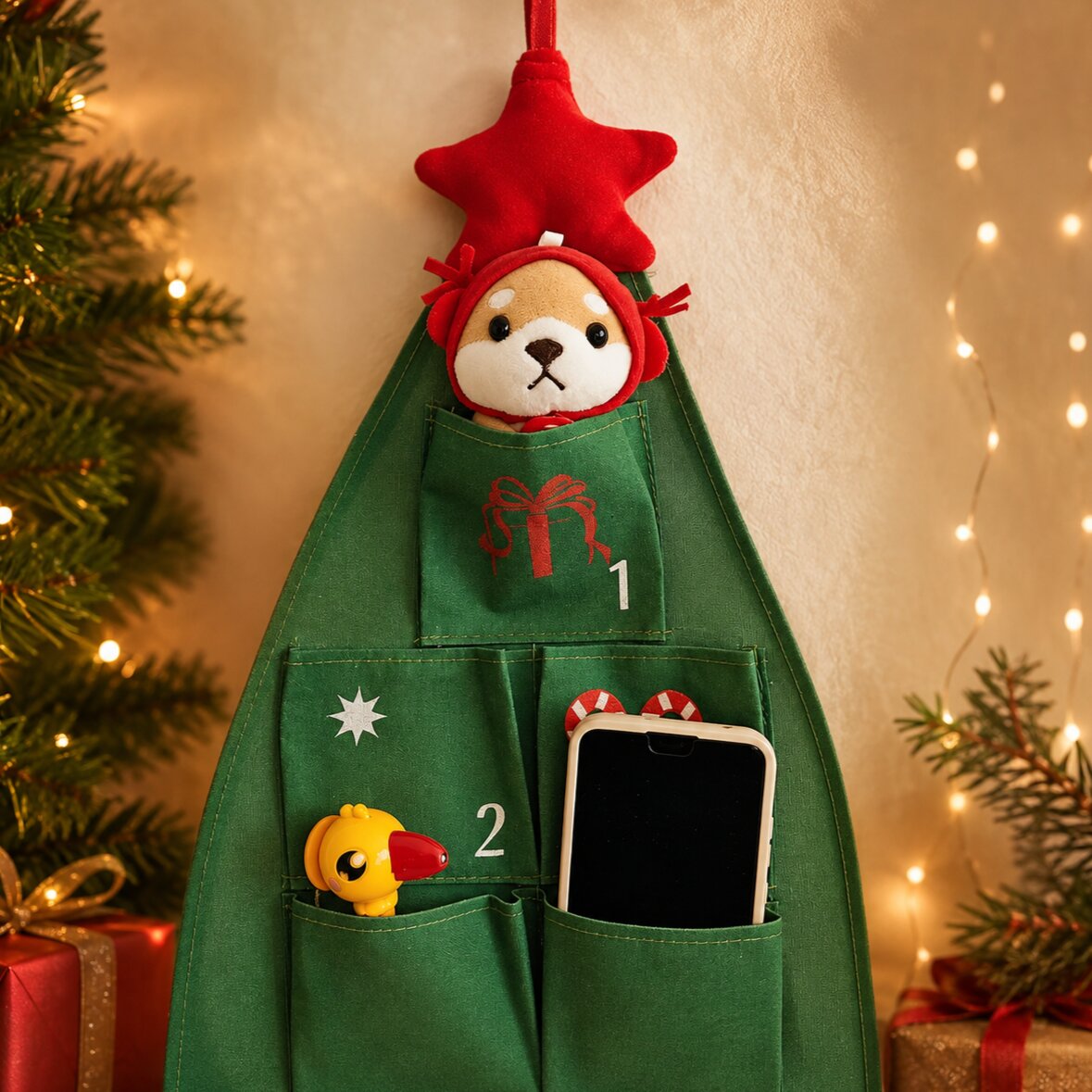 Gros plan des pochettes du calendrier à étoile rouge remplies d'une peluche et d'un jouet