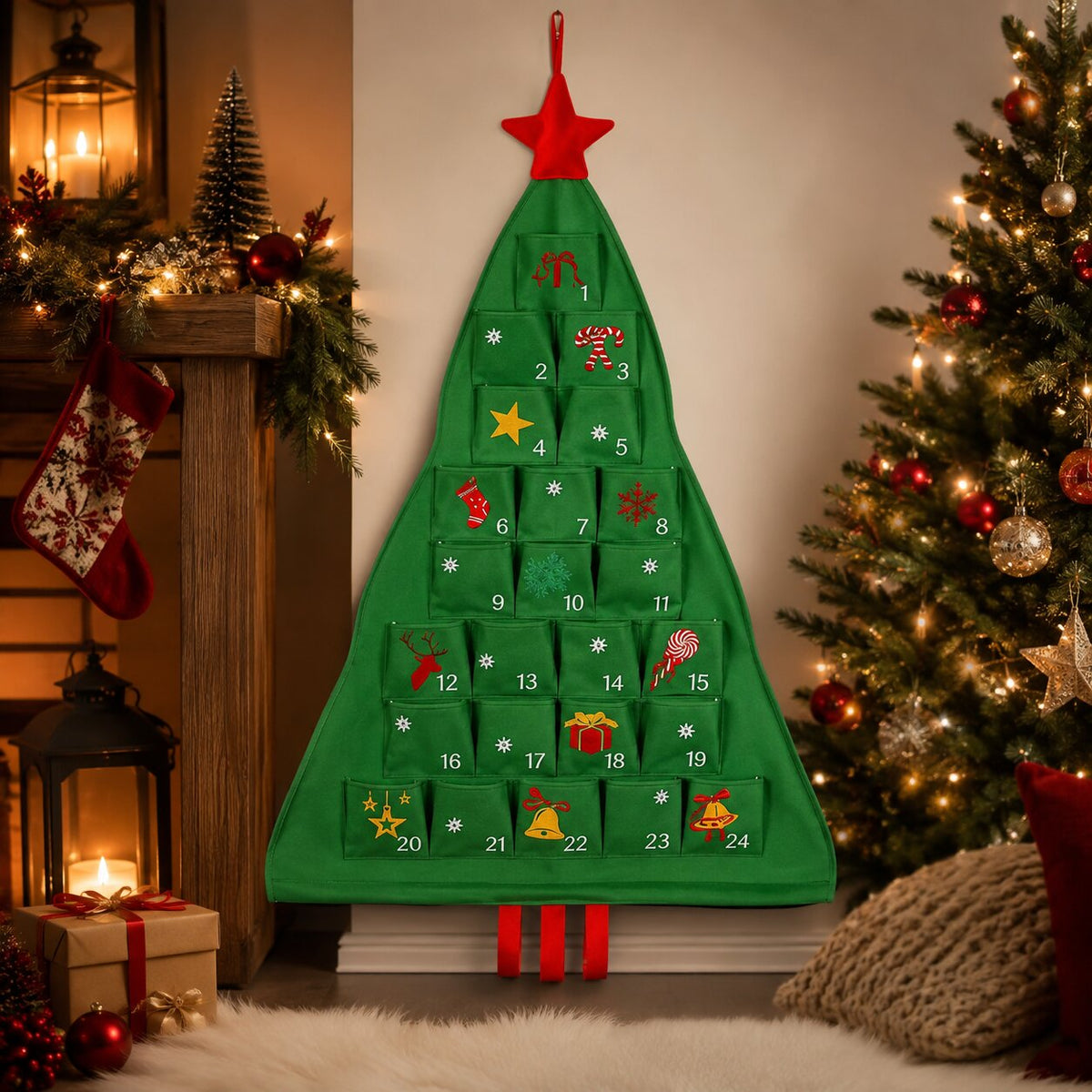 Calendrier de l'Avent vert à étoile rouge accroché au mur près d'une cheminée décorée