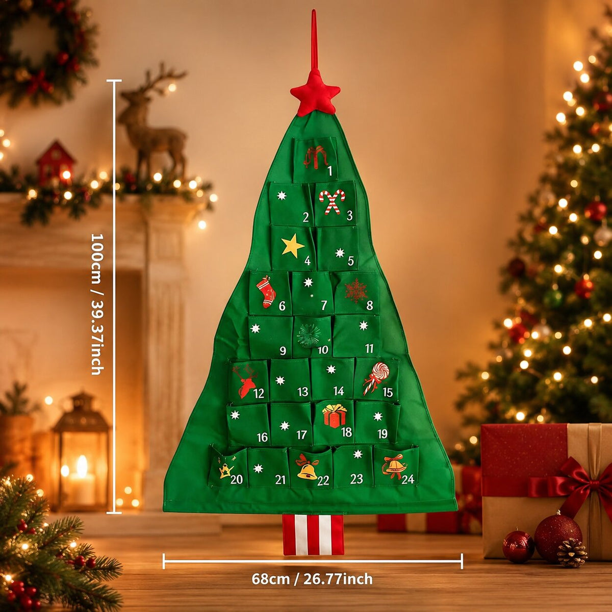 Calendrier de l'Avent à étoile rouge avec indications de dimensions 100 cm sur 68 cm