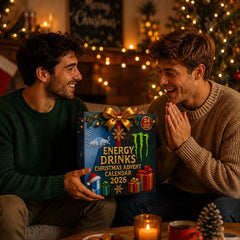 Deux hommes découvrent le calendrier de l'Avent 2026 devant le sapin de Noël